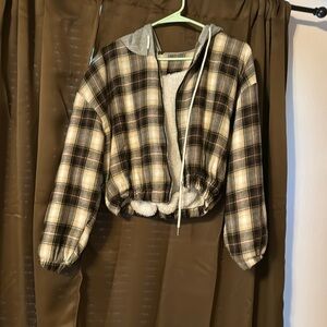 Cropped Zip Up Flannel Fleece Sweater